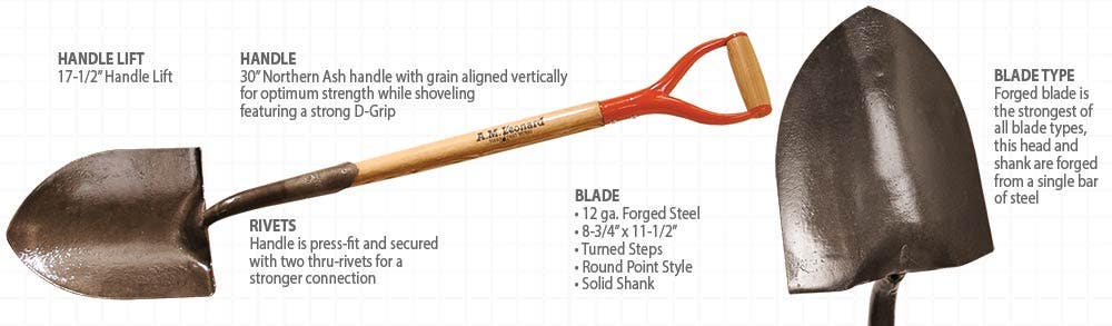 Forged Shovel Round Point with 30in D Grip Handle by A.M. Leonard